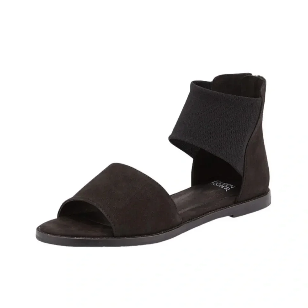Eileen Fisher Nubuck Leather Zip Back Sign Flats Sandals